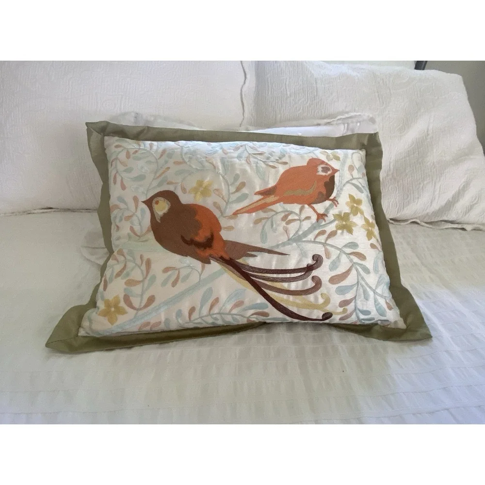 Vintage Blizzard Plush Decorative Bird Pillow Silk Satin Trim Zipper w‎ Insert